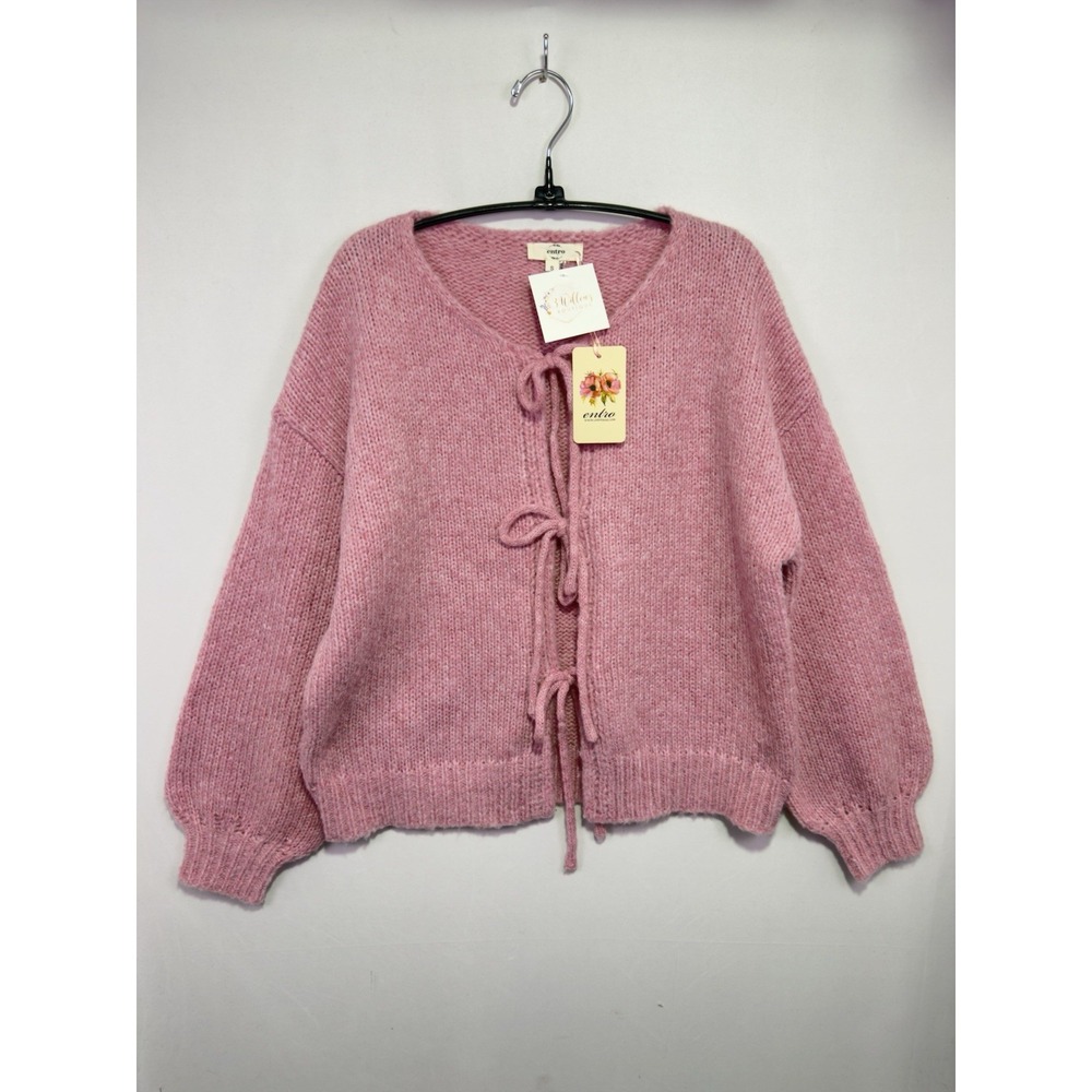 NWT Entro Pink Bow Tie Front Cardigan Sweater S Oversized Balloon Sleeve